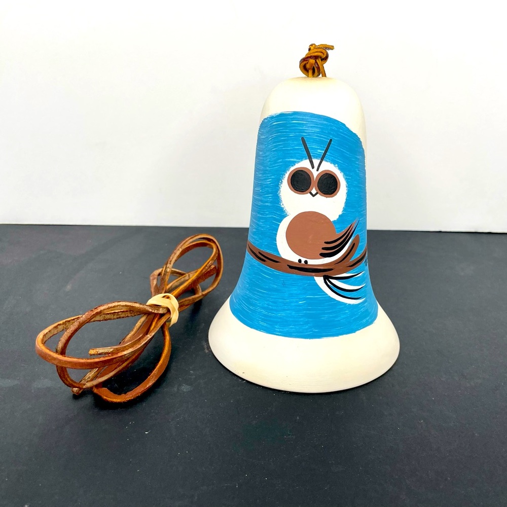 VTG Tesa Pottery Bell Windchime Handpainted Owl USA Boho Leather Strap Signed